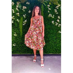 Dames jurk Lineke gebloemd motief rood wit groen geel bruin blauw zwart strandjurk maat 36-44