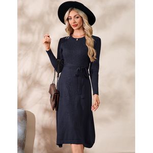 Dames Gebreide Jurk Winter Lange Mouw Trui Jurk Feestelijke Elegante Wikkeljurk Knielange Winterjurk Met Riem Marineblauw L