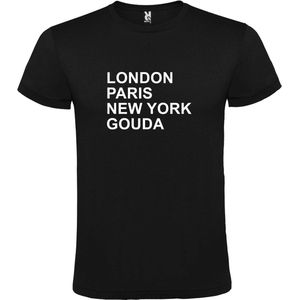 Zwart t-shirt met "" London, Paris , New York, Gouda "" print Wit size XS