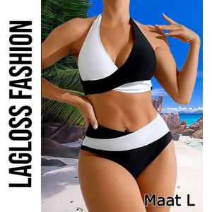 LaGloss® Stijlvolle Bikini Set Dames – Zwart Wit Design – Tweedelig & Hoog Gesneden – Maat M