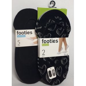 Footies - Maat 35-38 - Sneakersokken - Naadloos - 5 Paar Zwart - 2 Paar met Print Hart Grijs Zwart - Dames/Meisjes Voordeel Set van 7 Paar