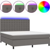 vidaXL - Boxspring - met - matras - en - LED - kunstleer - grijs - 180x200 - cm