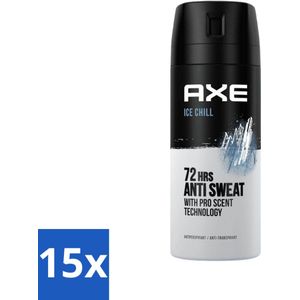 15 x Axe - Deodorant Spray - 72hrs Anti Sweat - Ice Chill - 150 ml - Zweet - Fris - Citroen - Munt - Geen Witte Strepen