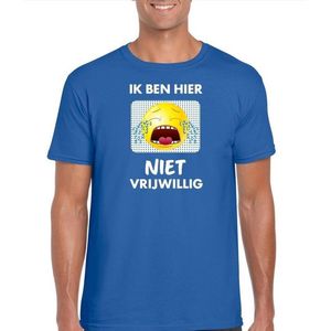 Blauw feest shirt - Ik ben hier niet vrijwillig met emoticon voor heren M