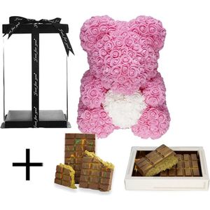 Valentijnsset 2025: Roze Luxe Rozenbeer (40 cm) met Giftbox & Dubai LOLO Candy Chocolade (200g) - Het Perfecte Cadeau voor Haar of Hem