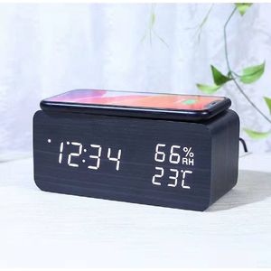 Houten Digitale Wekker ZWART - Wekkerradio - Draadloos Oplader iPhone - Reiswekker - Wekkers Digitaal - Weerstation Binnen