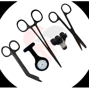 Verpleegkundige Startpakket All Black - 5-Delig - Scharenset - Pennenhouder - Zusterhorloge - Verpleegkundige cadeau