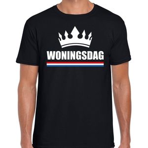 Koningsdag t-shirt Woningsdag met witte kroon voor heren - zwart - Woningsdag - thuisblijvers / Kingsday thuis vieren M