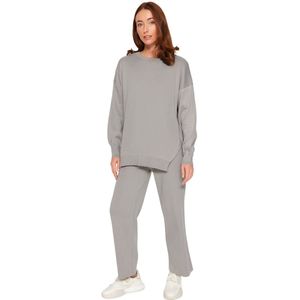 Trendyol Antraciet Brede Patroon Ballonmouw Broek Gebreide Top-Bottom Set Twoaw24Au00067