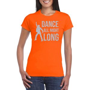 Zilveren muziek t-shirt / shirt - Dance all night long - oranje - voor dames - muziek shirts / discothema / 70s / 80s / outfit XS