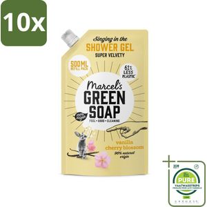 10 x Marcel's Green Soap - Shower Gel - Navulling - Vanille & Kersenbloesem - Krachtige werking - 500 ml - Grootverpakking - Douchegel - Navulverpakking - Biologische Douchegel - Vegan Douchegel - Natuurlijke Ingrediënten