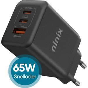 Ninix Snellader GaN 65W - 3 Poorten - Snel Oplaadadapter - Oplader iPhone - Oplader Samsung - Snellader iPhone - Samsung lader - Tablet oplader - Notebook Adapter - Zwart