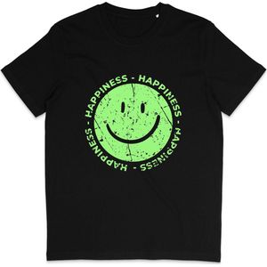 Grappig Dames en Heren T Shirt - Happiness Gelukkig - Groene Smiley -Zwart - S