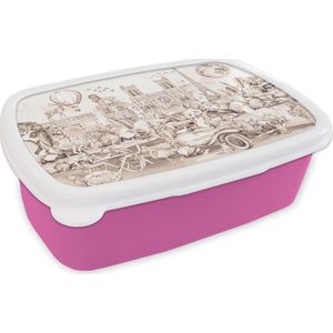 Broodtrommel Roze - Lunchbox - Brooddoos - Kinderen - Parijs - Panda - Dieren - Luchtballon - 18x12x6 cm - Kinderen - Meisje