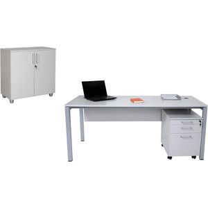 Furni24 Bureauset Tetra 180 cm, grijs/zilver RAL 9006, bestaande uit: bureautafel, ladekast met 3 laden, archiefkast met 2 deuren en 1 plank in grijs/zilver