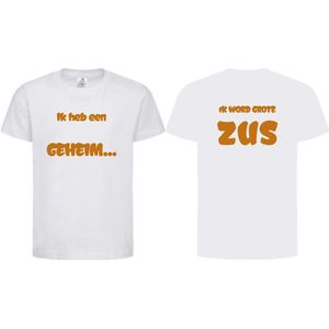 Shirt Aankondiging zwangerschap ""Ik heb een GEHEIM..."" op voorkant ""Ik word grote ZUS"" op achterkant | korte mouw | Wit/tan | maat 134/140 zwangerschap aankondiging bekendmaking Baby big sis sister Grote ZUS