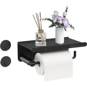 Toiletpapierhouder zonder boren, wc-rolhouder met plank, roestvrij staal, wc-rolhouder, zelfklevend, voor badkamer en keuken, opslag, toiletpapierhouder, zwart