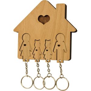MiMi Innovations® Sleutelhouder van hout met 4 sleutelhangers - Sleutelrek - Wandmontage - Decoratief - Familie met 2 Dochters