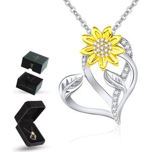 Luxore Hart & Zonnebloem Liefde Ketting – Cadeautje voor Vrouw – Liefdes Verrassing – Valentijn Geschenkset - Zilverkleurig & Goudkleurig