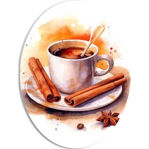 PVC Schuimplaat Ovaal - Koffie met Kaneel in Wit Kopje - 30x40 cm Foto op Ovaal (Met Ophangsysteem)