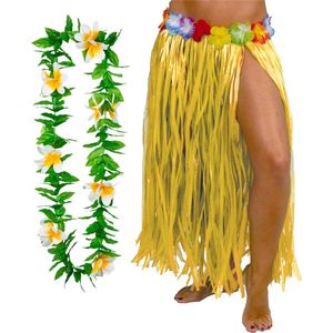 Hawaii verkleed rokje en bloemenkrans - volwassenen - geel - tropisch themafeest - hoela
