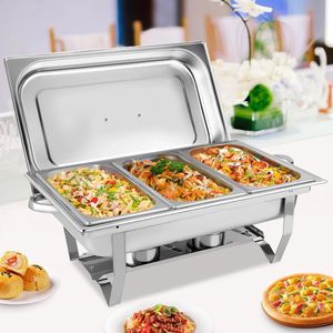 3-Pan Roestvrijstalen Buffet Set - Catering Voedselbakken - Met Deksel en Opvouwbare Standaard - Spiegelafwerking - Duurzaam & Eenvoudig Op Te Bergen