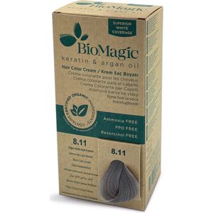 Natuurlijke Biologische haarverf, verrijkt met Keratine en Arganolie, zonder Ammoniak, PPD en Resorcinol- Kleur INTENSE LICHT ASBLOND 8/11- Je haar kleuren en verzorgen in één met BioMagic permanente haarverf! - Organic - 100% Grijsdekkend
