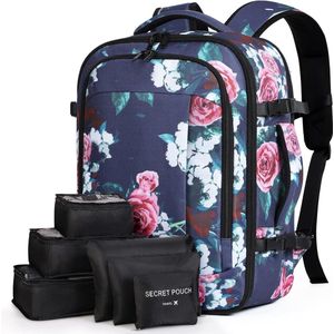 Grote rugzak voor heren en dames, 17 inch laptoprugzak, handbagage, rugzak, reisrugzak met 6-delige kledingtassen voor vakantie, business, werk, reizen, blauwe bloemen