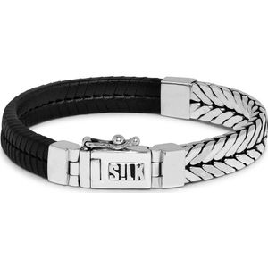 SILK Jewellery - Zilveren Armband - Chevron - 252BLK.22 - zwart leer - Maat 22
