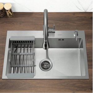 Lonheo max Spoelbak Keuken 68x45 - Inbouwspoelbak - Gootsteen RVS - Spoelbak Met Kraangat - Spoelbak Met Zeepdispenser - Verstelbaar Mandje - Overloop en Sifon - Zilver