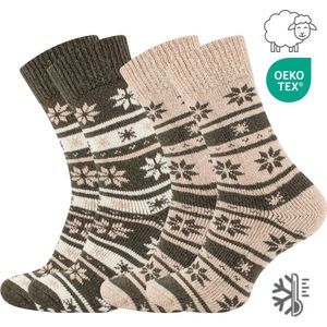 Huissokken - Warme Wollen Sokken Set maat 35-38 - 2 paar Dikke Wintersokken met Noors design - Thermo - Groen/Beige