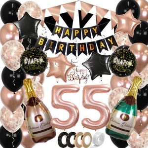 55 Jaar Feest Verjaardag Versiering Confetti Helium Ballonnen Slingers Happy Birthday Rose Goud & Zwart XL SET – 60 Stuks