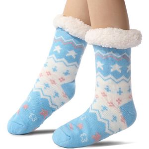 Vloer sokken - Warme Wintersokken - Sokken voor Binnen - Pantoffels voor bij de open haard - Warme Antislip Huissokken Volwassenen - Antislip Slippersokken voor- Dikke Pluche Sokken - Tapijtsokken - Thuis Sokken-De sterren zijn lichtblauw-