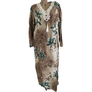 Kaftan/jurk lang gebloemd met borduursel M groen/taupe