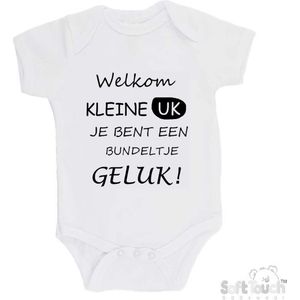 100% katoenen Romper "Welkom kleine uk, je bent een bundeltje geluk" Unisex Katoen Wit/zwart Maat 56/62