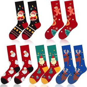 5 paar kerstsokken dames - Kerstsokken - Kerstsokken voor thuis - Warme wintersokken - Kerstthema - Halflange kerstsokken - Unisex - Rood