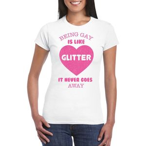 Bellatio Decorations Gay Pride T-shirt voor dames - being gay is like glitter - wit/roze - LHBTI M