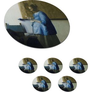 Onderzetters voor glazen - Rond - Brieflezende vrouw in het blauw - Schilderij van Johannes Vermeer - 10x10 cm - Glasonderzetters - 6 stuks