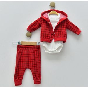 Baby Jongens 3 pce Kledingset - babykleertje - babykleding - rood - Maat: 62 - velours - capuchon