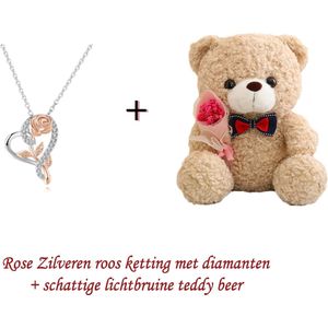 25Cm Valentijn Knuffel Boeket Teddybeer Licht Bruin + Roos Ketting Zilver Rose - Knuffel Liefdes Super Zachte Strik Beer Cadeau Vriendin Baby - Kerst cadeau - Valentijn