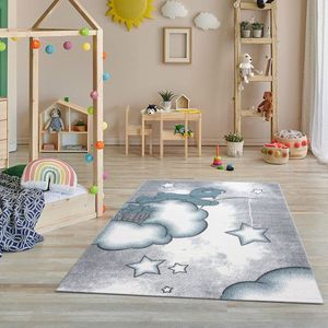 Flycarpets Kids Vloerkleed Kinderkamer - Blauw - Beertje Speelkleed / Speelmat - Laagpolig - 80x150 cm