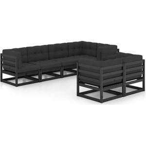vidaXL Loungeset 7-delig - Grenenhout - Met kussens Tuin Lounge Set - Loungebank - Houten Bank - Zwarte Lounge Set - Tuinset