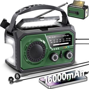 Zonne-energie noodradio met slinger 16000 mAh - NOAA-weeralarm, handdynamo, draagbare AM/FM-radio - Heldere zaklamp, telefoonoplader en kompas voor stroomuitval, kamperen, survival kits - Groen