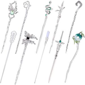10pcs Chinese Hair Sticks - Silver Metal Hanfu Decorative Hairpins - Snake Butterfly Flower Jade Stone Vintage Hair Sticks - Elegant Asian Japanese Hairstyles Accessories voor Vrouwen