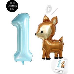 Snoes - Bambi Basis ballon set XXL Cijferballon Baby Blue 1 - Lief Hert + Cijfer Ballon 1 Jaar - Helium Geschikt