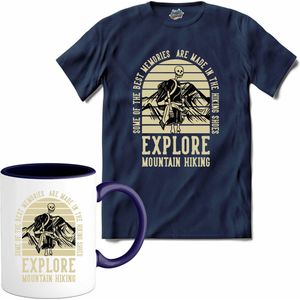 Explore Mountain Hiking | Wandelen - Hiking - Lopen - T-Shirt met mok - Unisex - Navy Blue - Maat 3XL