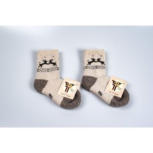 Mongolian Made - Wollen sokken kind - 100% Schapenwol - Bundel van 2 paar - Maat 18-29- Bruin/Taupe/Creme - Kindersokken - Zelfreinigend