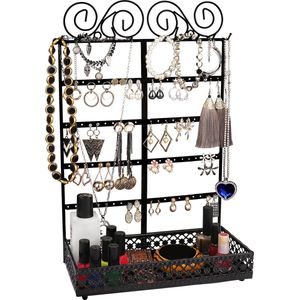 Belle Vous Zwart Metalen Oorbellen Organizer Sieraden Display Opslag Standaard Basis Bakje – 5 Laags, 80 Gaten & 10 Haken – Muur en Tafelhouder Voor Oorbellen, Kettingen, Armbanden, Ringen & Cosmetica