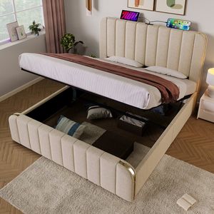 KOMHTOM Tweepersoonsbed 160x200 cm met gouden sierstrepen en USB Type-C oplaadfunctie Bed Beige linnen Hydraulisch campingbed