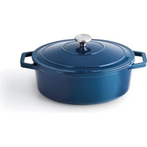 braadpan individueel - deksel van gietijzer met knop van roestvrij staal - geschikt voor inductie - ovenvast - blauw (ovaal)